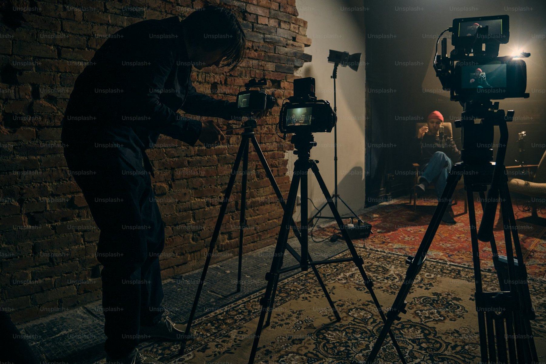 Cameras and lighting rigged on a production set